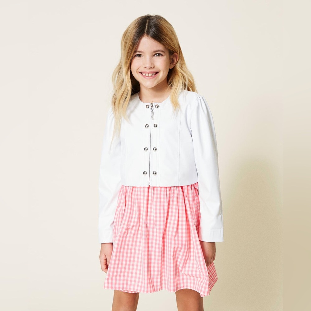 TWINSET Girls Mandarin Collar Jacket with studs | Faux Leather | White | Size 5T
